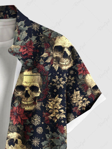 Gothic Plus Size Skulls Flowers Leaf Print Buttons Pocket Shirt For Men