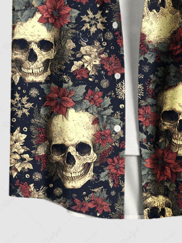 Gothic Plus Size Skulls Flowers Leaf Print Buttons Pocket Shirt For Men