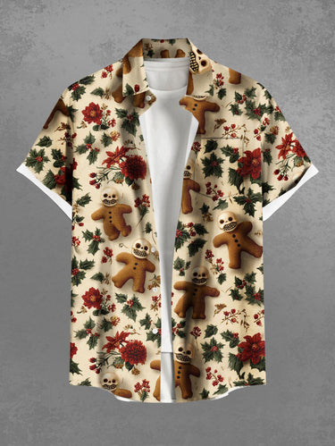 Gothic Plus Size Christmas Holly Fruit Gingerbread Skulls Flowers Print Buttons Pocket Shirt For Men