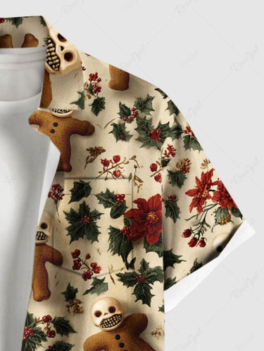 Gothic Plus Size Christmas Holly Fruit Gingerbread Skulls Flowers Print Buttons Pocket Shirt For Men
