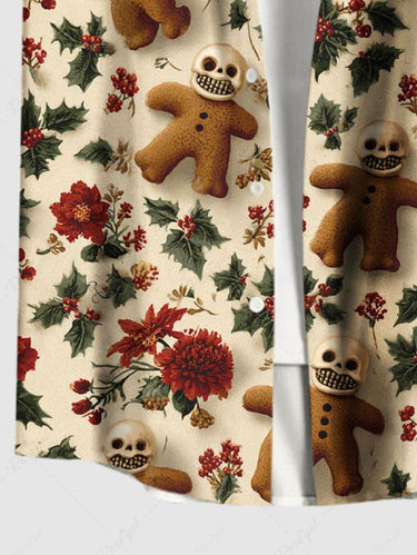 Gothic Plus Size Christmas Holly Fruit Gingerbread Skulls Flowers Print Buttons Pocket Shirt For Men