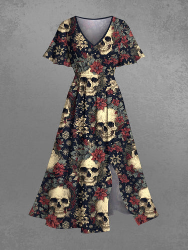 Gothic Plus Size Skulls Flowers Leaf Print Split Midi Dress