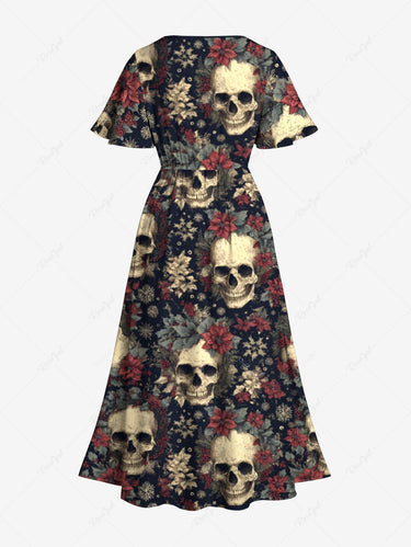 Gothic Plus Size Skulls Flowers Leaf Print Split Midi Dress