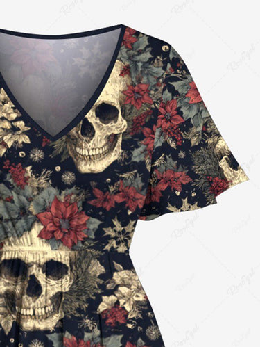 Gothic Plus Size Skulls Flowers Leaf Print Split Midi Dress