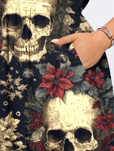 Gothic Plus Size Skulls Flowers Leaf Print Split Midi Dress