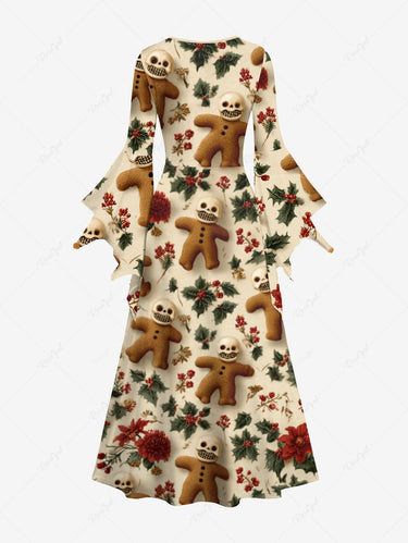 Gothic Christmas Holly Fruit Gingerbread Skulls Flowers Print Flare Sleeves Dress