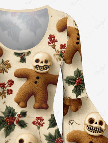 Gothic Christmas Holly Fruit Gingerbread Skulls Flowers Print Flare Sleeves Dress