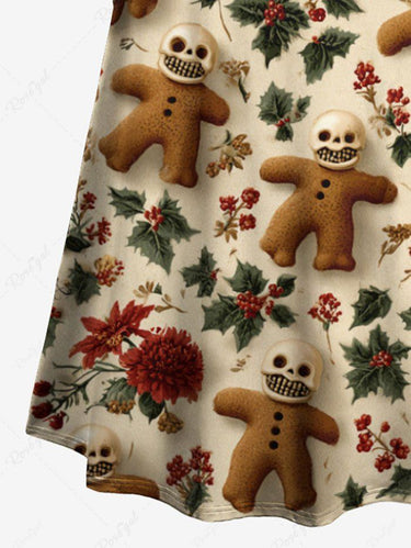 Gothic Christmas Holly Fruit Gingerbread Skulls Flowers Print Flare Sleeves Dress