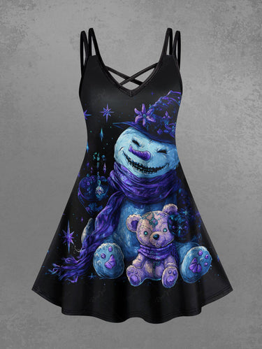 Gothic Plus Size Monster Snowman Bear Hat Star Print Crisscross Cami Dress