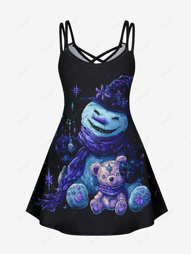 Gothic Plus Size Monster Snowman Bear Hat Star Print Crisscross Cami Dress