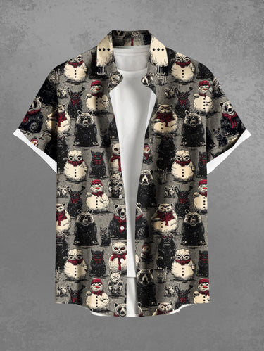 Gothic Plus Size Christmas Snowman Bear Print Button Pocket Shirt For Men