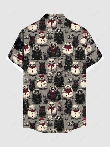 Gothic Plus Size Christmas Snowman Bear Print Button Pocket Shirt For Men