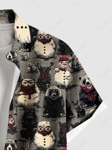 Gothic Plus Size Christmas Snowman Bear Print Button Pocket Shirt For Men