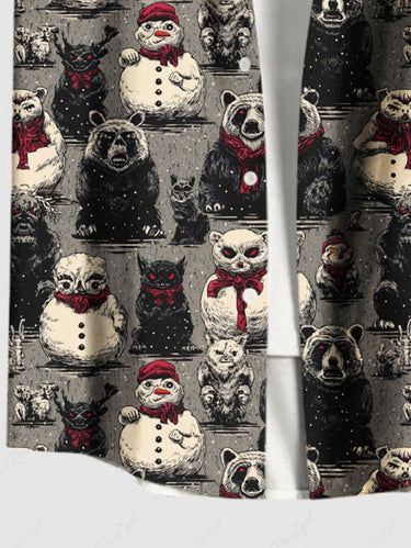Gothic Plus Size Christmas Snowman Bear Print Button Pocket Shirt For Men
