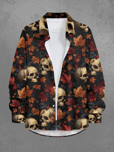 Gothic Plus Size Skull Maple Leaf Print Button Long Sleeves Shirt For Men