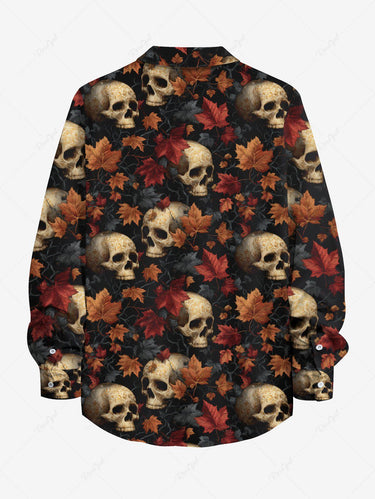 Gothic Plus Size Skull Maple Leaf Print Button Long Sleeves Shirt For Men