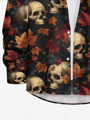 Gothic Plus Size Skull Maple Leaf Print Button Long Sleeves Shirt For Men