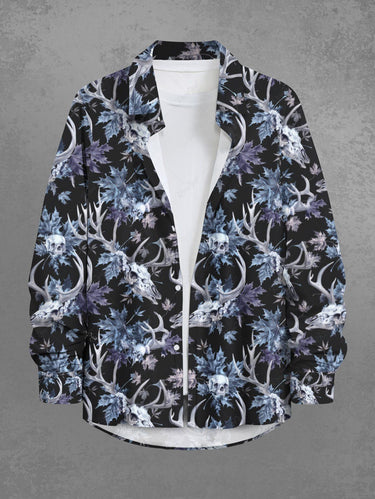 Gothic Plus Size Skull Christmas Elk Leaf Print Button Long Sleeves Shirt For Men
