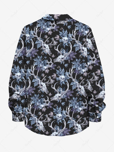 Gothic Plus Size Skull Christmas Elk Leaf Print Button Long Sleeves Shirt For Men