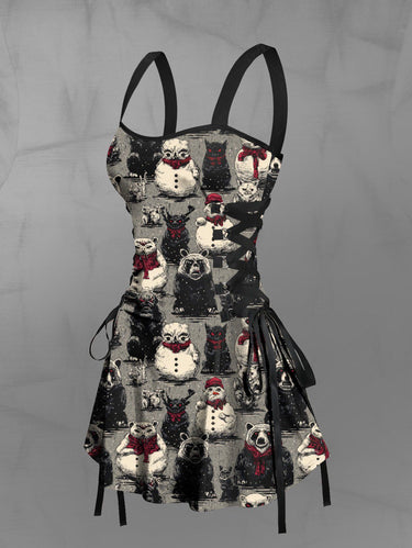 Gothic Christmas Snowman Bear Print Lace Up A Line Dress