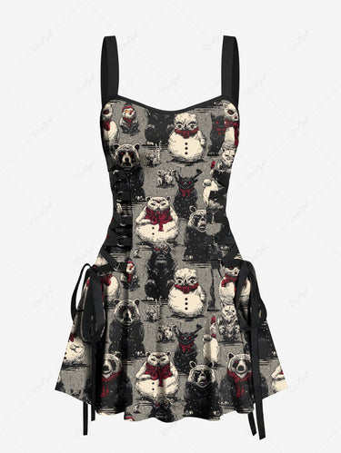 Gothic Christmas Snowman Bear Print Lace Up A Line Dress