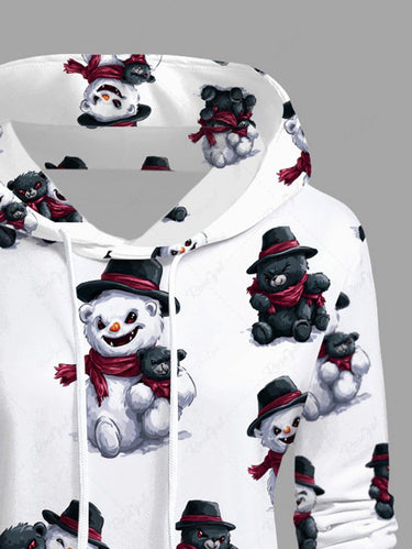 Gothic Plus Size Christmas Monster Snowman Bear Print Pocket Drawstring Pullover Long Sleeves Hoodie