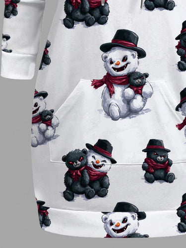 Gothic Plus Size Christmas Monster Snowman Bear Print Pocket Drawstring Pullover Long Sleeves Hoodie