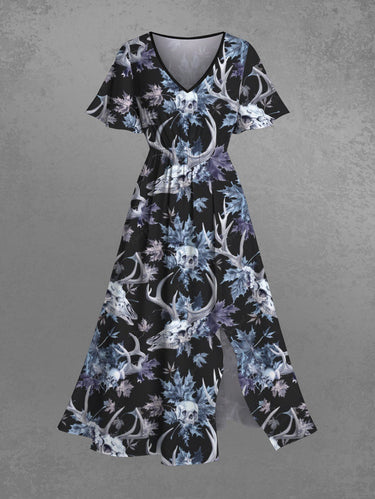 Gothic Plus Size Skull Christmas Elk Leaf Print Split Pocket A Line Midi Dress
