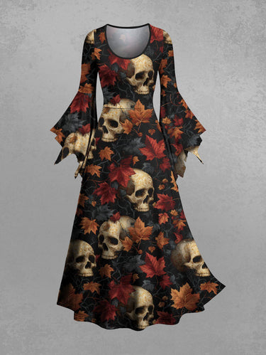 Gothic Skull Maple Leaf Print Flare Sleeves A Line Dress