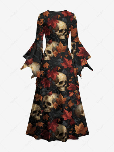 Gothic Skull Maple Leaf Print Flare Sleeves A Line Dress
