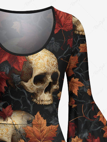 Gothic Skull Maple Leaf Print Flare Sleeves A Line Dress
