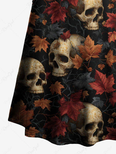 Gothic Skull Maple Leaf Print Flare Sleeves A Line Dress