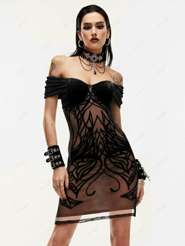 Gothic Off The Shoulder Velvet Curve Pattern Flocking Dress