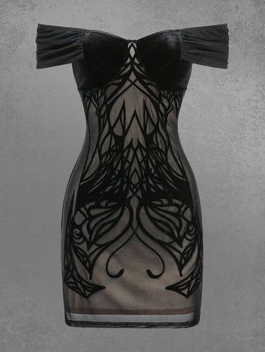 Gothic Off The Shoulder Velvet Curve Pattern Flocking Dress