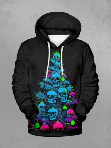 Gothic Plus Size Skull Christmas Tree Ball Print Pocket Drawstring Pullover Long Sleeves Hoodie For Men