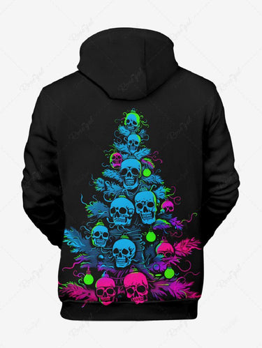 Gothic Plus Size Skull Christmas Tree Ball Print Pocket Drawstring Pullover Long Sleeves Hoodie For Men