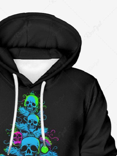 Gothic Plus Size Skull Christmas Tree Ball Print Pocket Drawstring Pullover Long Sleeves Hoodie For Men