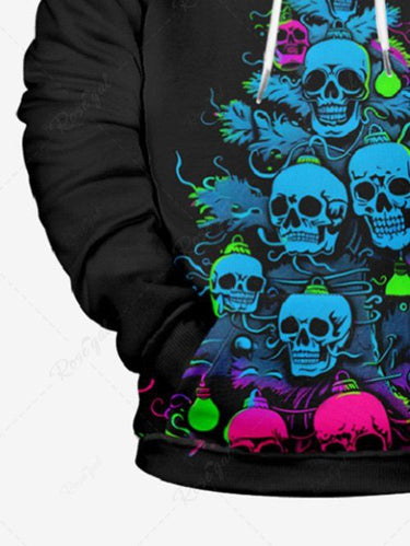 Gothic Plus Size Skull Christmas Tree Ball Print Pocket Drawstring Pullover Long Sleeves Hoodie For Men