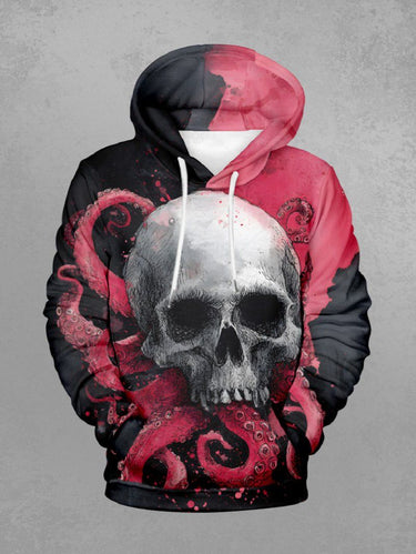 Gothic Plus Size Skull Octopus Print Pocket Drawstring Pullover Long Sleeves Hoodie For Men