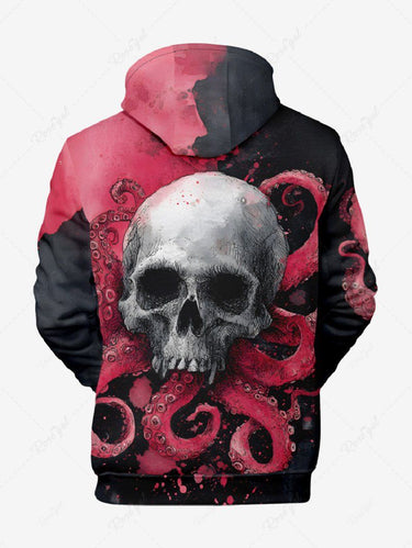 Gothic Plus Size Skull Octopus Print Pocket Drawstring Pullover Long Sleeves Hoodie For Men