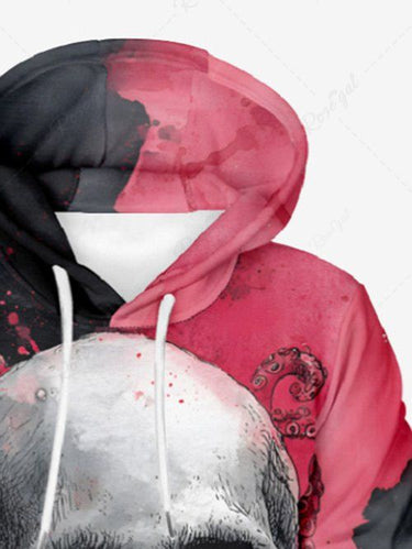 Gothic Plus Size Skull Octopus Print Pocket Drawstring Pullover Long Sleeves Hoodie For Men