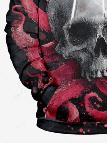 Gothic Plus Size Skull Octopus Print Pocket Drawstring Pullover Long Sleeves Hoodie For Men