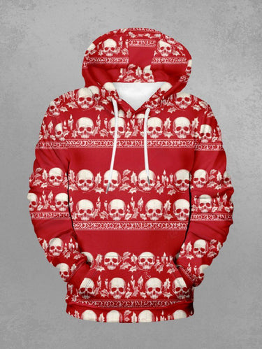Gothic Plus Size Christmas Skull Leaf Print Pocket Drawstring Pullover Long Sleeves Hoodie For Men