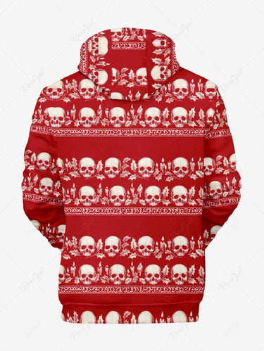 Gothic Plus Size Christmas Skull Leaf Print Pocket Drawstring Pullover Long Sleeves Hoodie For Men