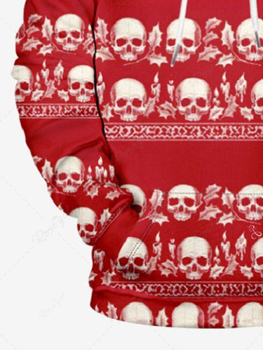 Gothic Plus Size Christmas Skull Leaf Print Pocket Drawstring Pullover Long Sleeves Hoodie For Men
