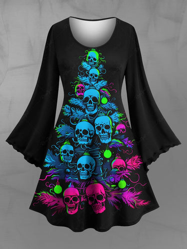 Gothic Plus Size Skull Christmas Tree Ball Print A Line Dress