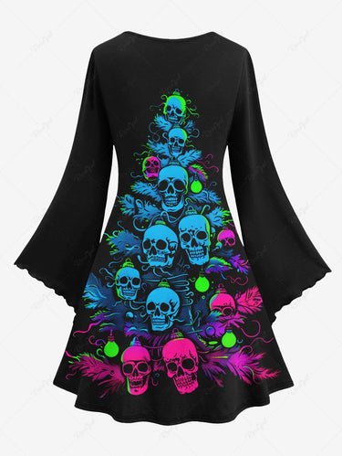 Gothic Plus Size Skull Christmas Tree Ball Print A Line Dress