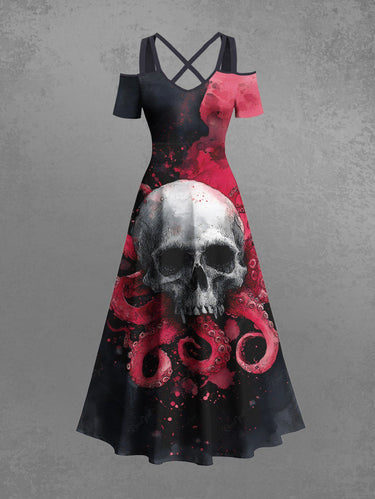 Gothic Plus Size Skull Octopus Print Cold Shoulder Crisscross A Line Maxi Dress