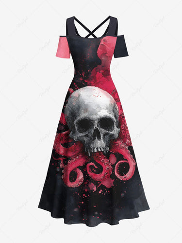 Gothic Plus Size Skull Octopus Print Cold Shoulder Crisscross A Line Maxi Dress