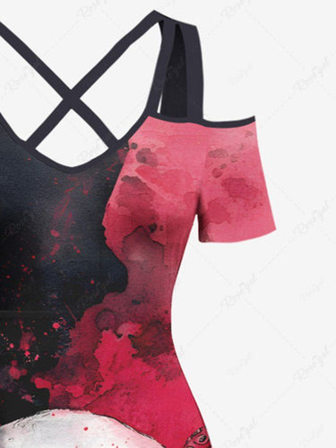 Gothic Plus Size Skull Octopus Print Cold Shoulder Crisscross A Line Maxi Dress